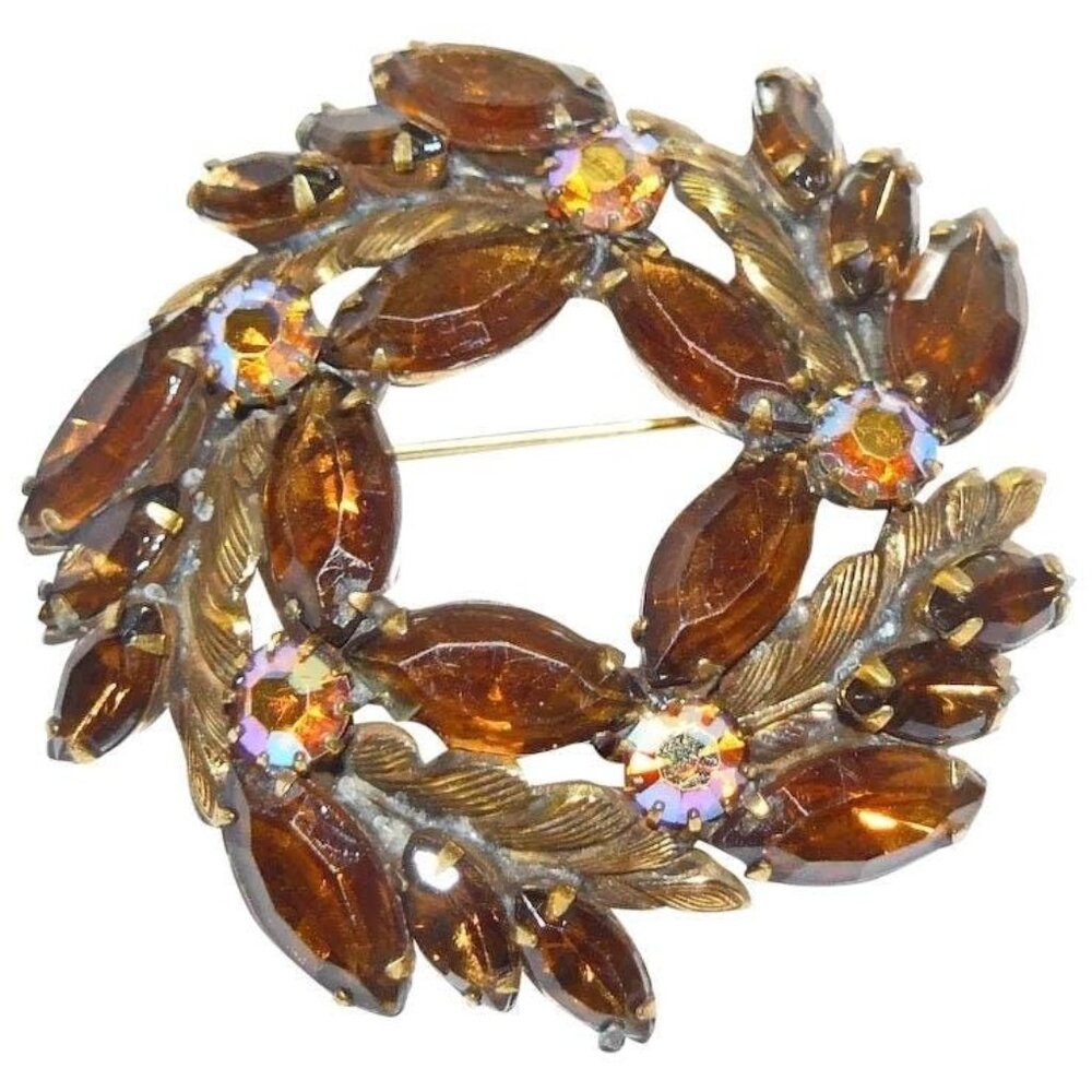 Vintage Brown Navette and Round Aurora Borealis Rhinestone Brooch